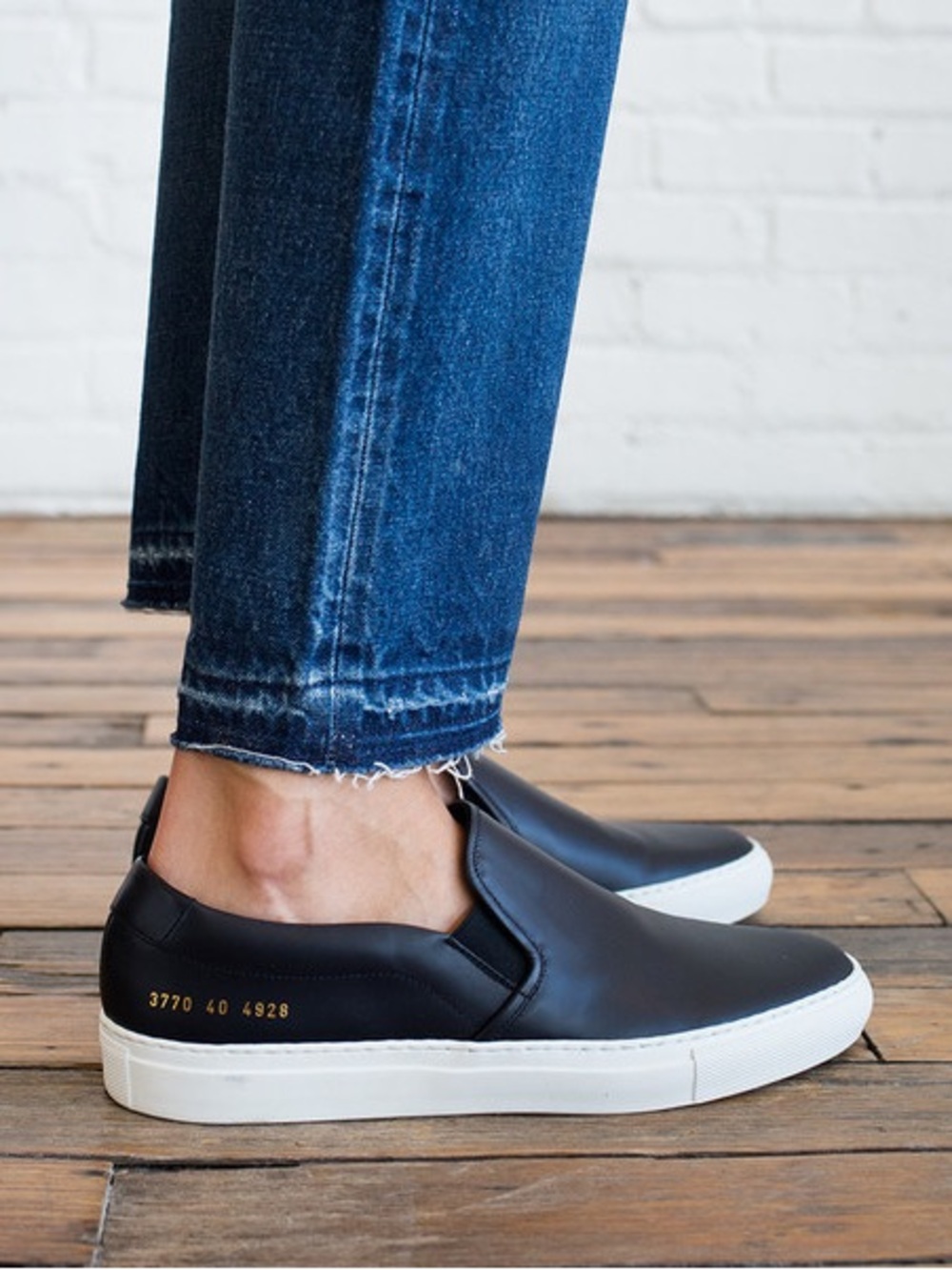 Common Projects Women Black Leather Slip On Sneakers 39 White Sole Minimalist 9